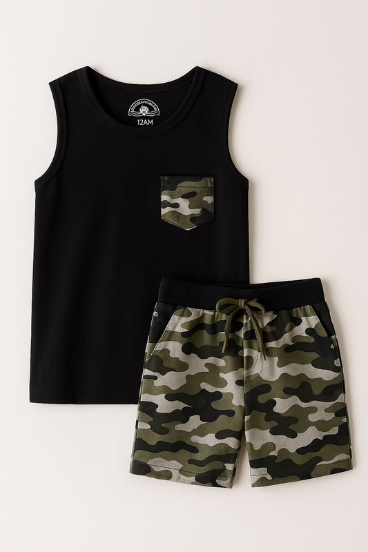 Decent Grey Camo print Kids Tank Top with Shorts