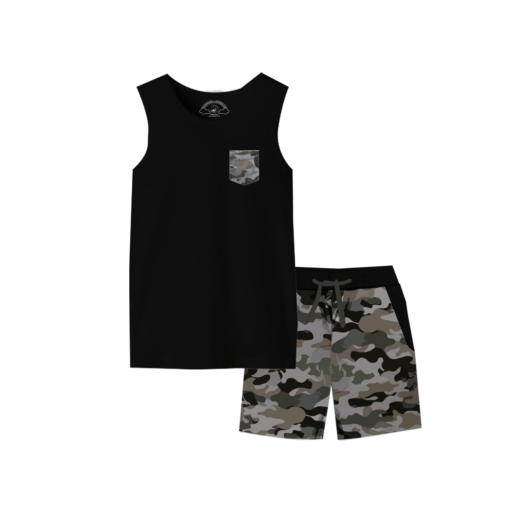 Decent Grey Camo print Kids Tank Top with Shorts